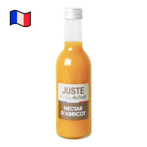 Bouteille en verre de nectar d'abricot de couleur orange 25 cl de face -  Juste le Choix du Fruit